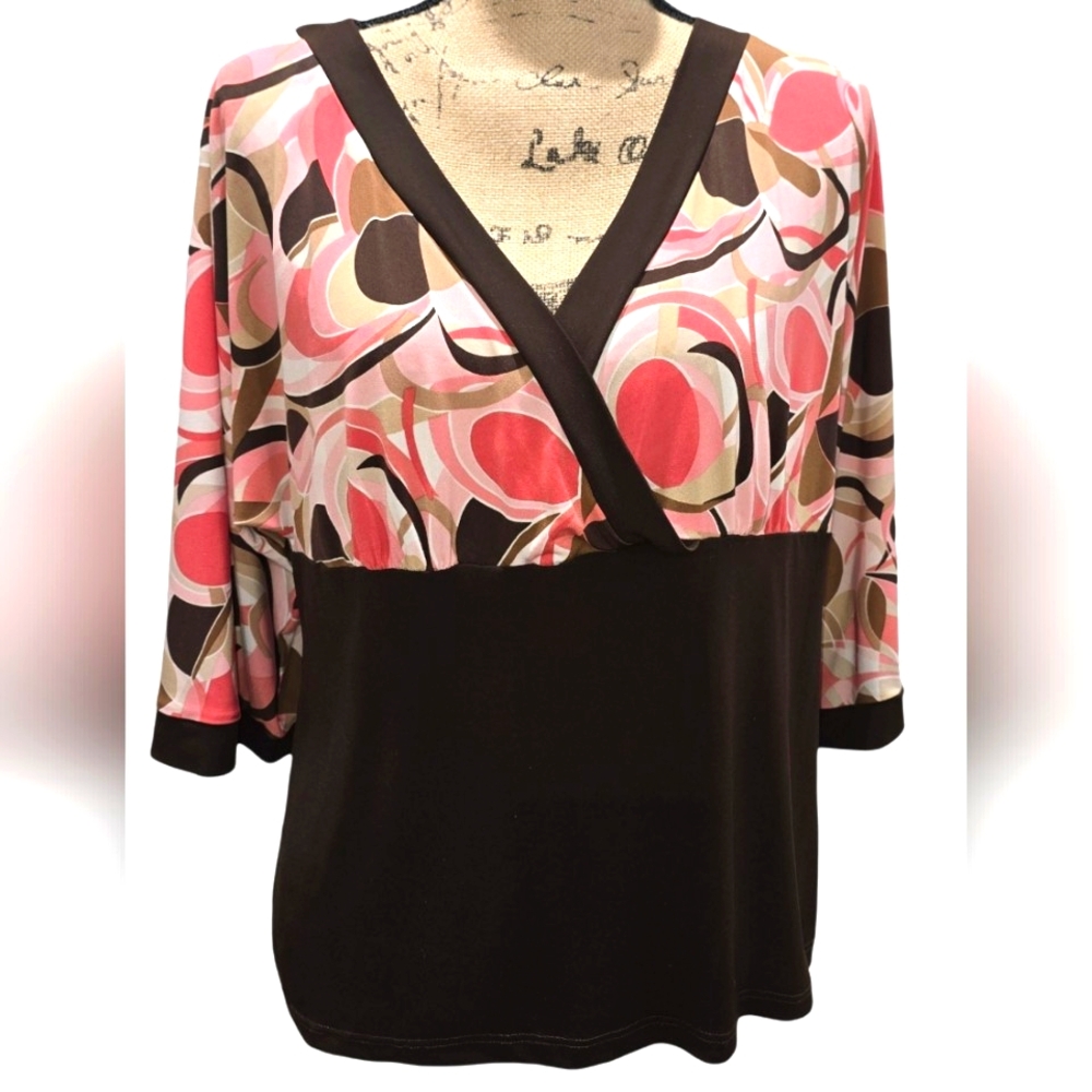 AGB Stylish Women's Pink and Brown V-neck Blouse -- Size XL
